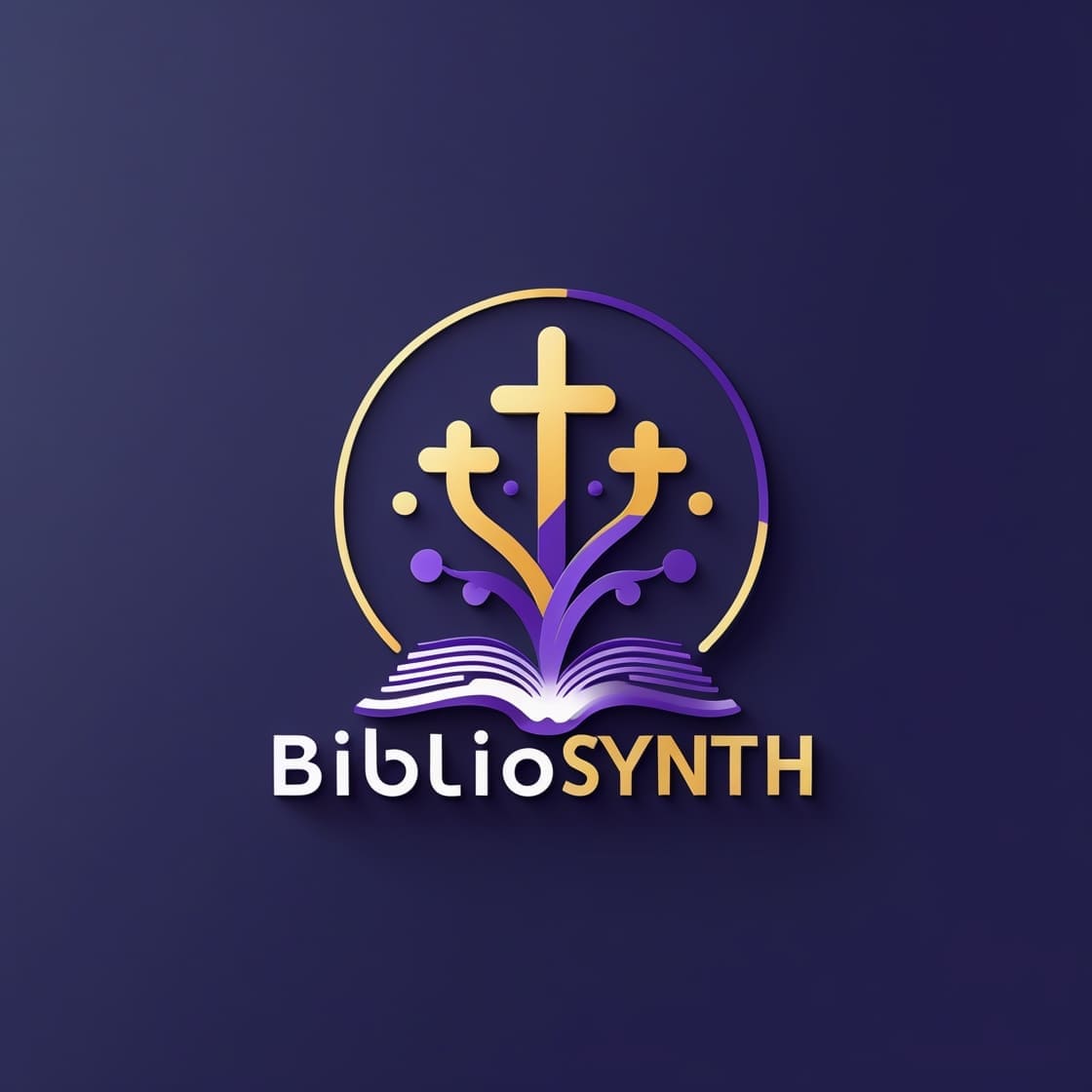 Logo de BiblioSynth, un libro abierto con un árbol de cruces doradas.